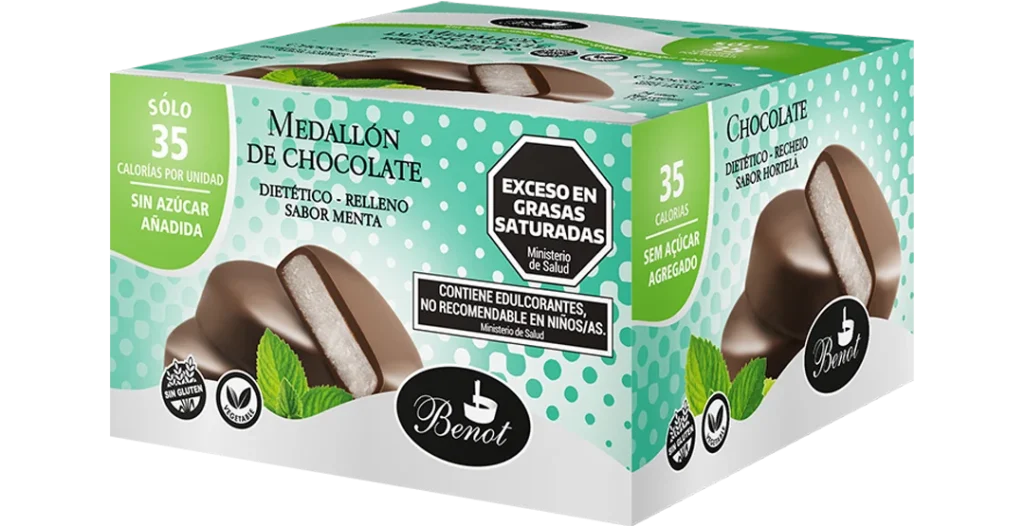 Caja de 24 unidades de medallones Benot de chocolate semiamargo con relleno sabor menta, sin azúcar añadida, sin gluten y de bajo índice glucémico.