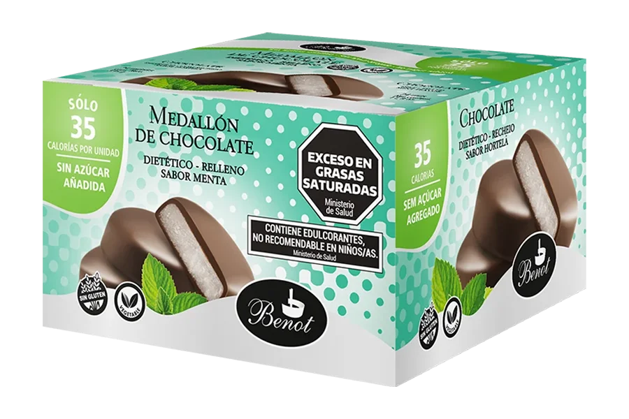 Caja de 24 unidades de medallones Benot de chocolate semiamargo con relleno sabor menta, sin azúcar añadida, sin gluten y de bajo índice glucémico.