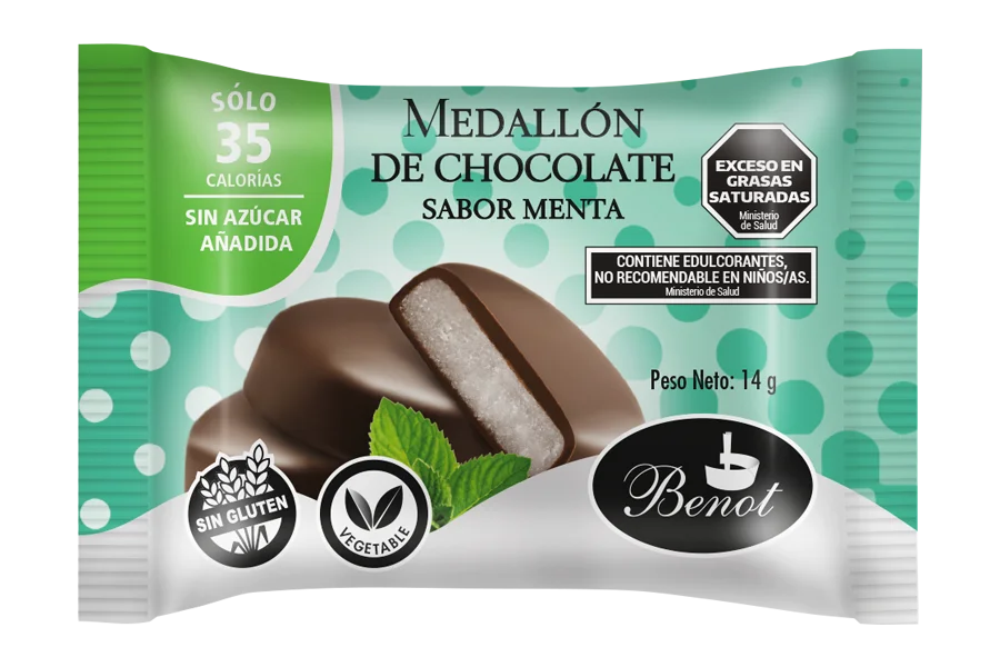 Medallón Benot de chocolate semiamargo con relleno sabor menta, sin azúcar añadida, sin gluten y de bajo índice glucémico.
