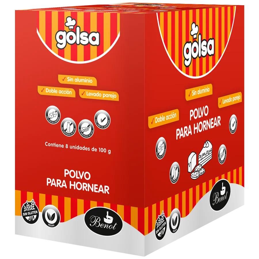 Caja de 8 unidades de polvo para hornear Golsa de 100 g, sin gluten.