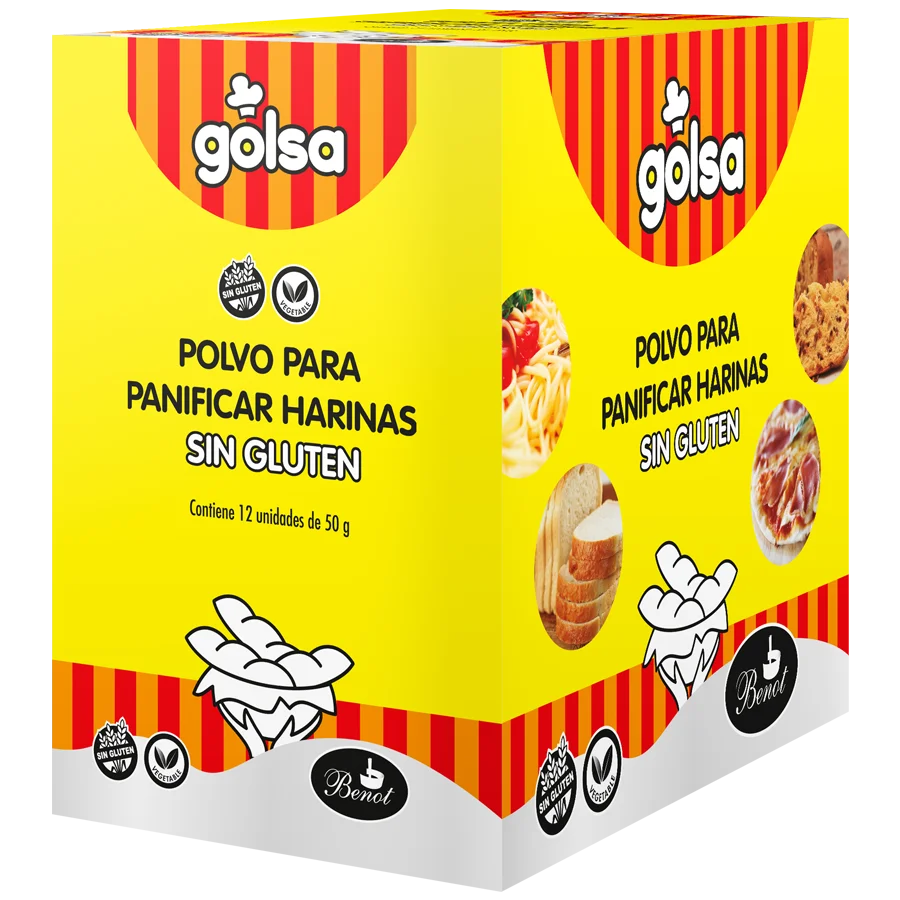 Caja de 12 unidades de polvo para panificar Golsa de 50 g, sin gluten.
